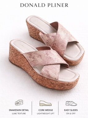 Donald Pliner Cork Wedge Slides Snakeskin Metallic Pink 5.5